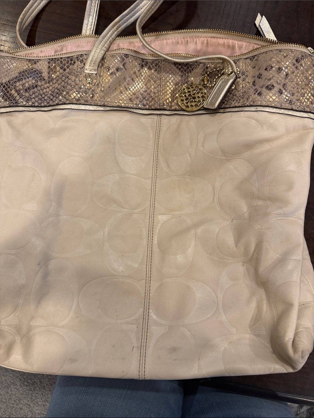 Coach Cream Leather Tote with Metallic Snake-Print Trim